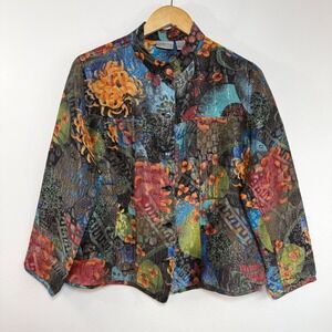 Chico's Floral Silk Blend Jacket Art To Wear Lagenlook Boho Textured Sz 2 Large